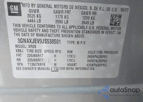 2018 Chevrolet Equinox Lt z USA, uszkodzony, nr VIN 3GNAXJEV9JS538501